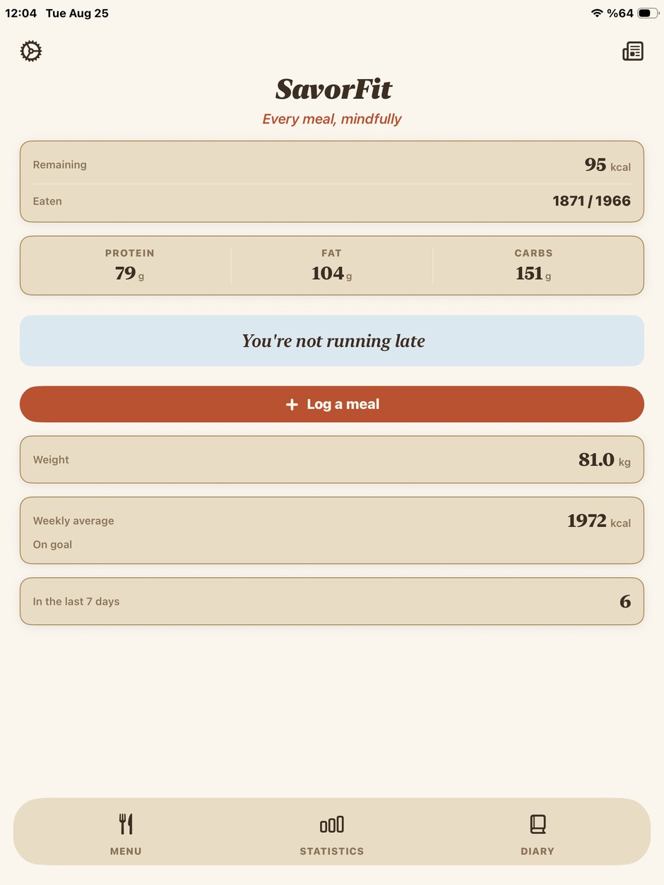 The SavorFit home screen on iPad, showing today's calories, macros and the last seven days
