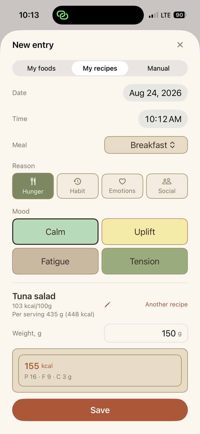 Recording a meal in SavorFit, with the reason for eating selected